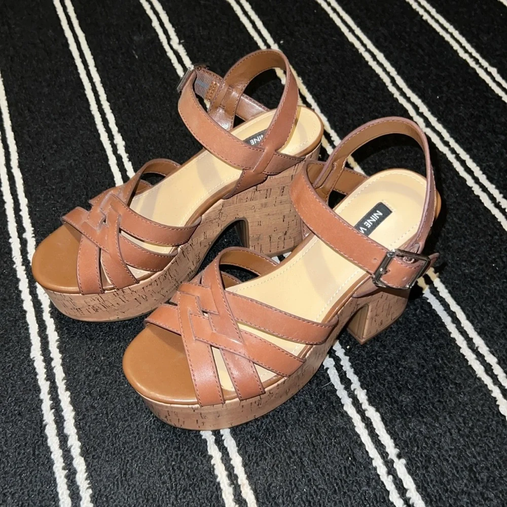 NINE WEST CHEERS Brown Leather Cork Platform Sandals